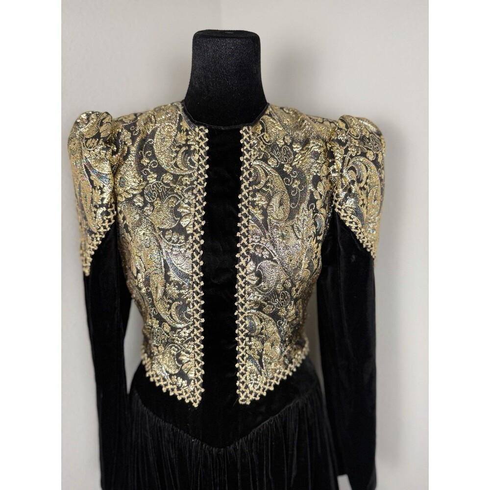 Jessica McClintock Vintage Black Velvet Gold Brocade Dress 12 Prairie Victorian - Picture 12 of 16